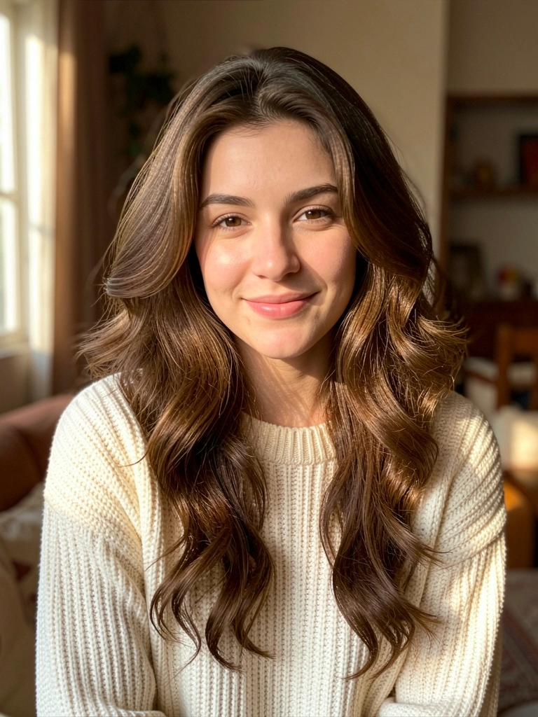 Mulher com cabelo cacheado volumoso, suéter de tricô creme e sorriso sutil, luz natural difusa destacando os fios.