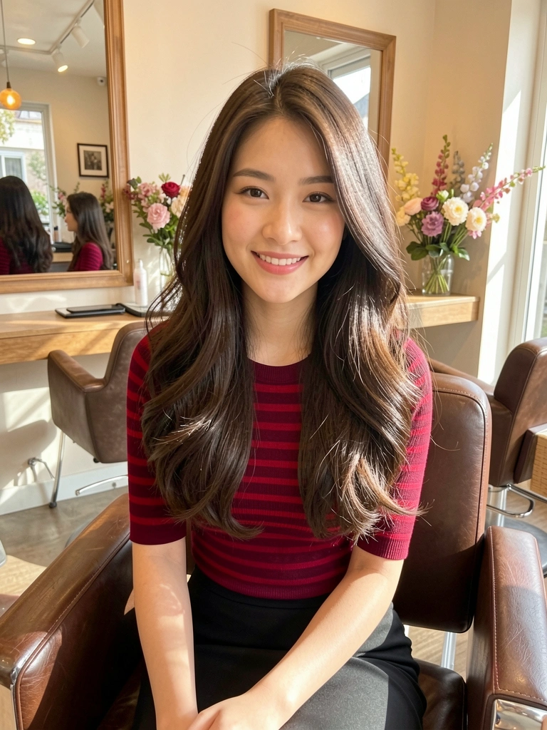 Jovem de cabelo castanho escuro volumoso no corte butterfly longo, blusa listrada vinho e saia lápis preta, sorrindo em salão com luz natural e espelho ao fundo.