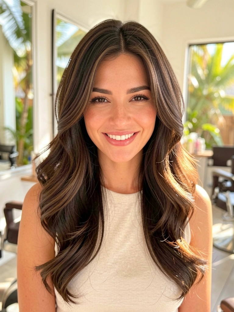 Mulher de cabelos castanhos ondulados em camadas, sorrindo em salão com luz natural e fundo desfocado.