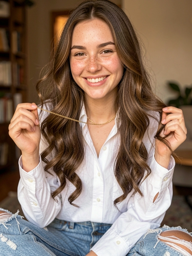 Mulher jovem de cabelos castanhos cacheados e sardas, sorrindo enquanto segura um colar de ouro delicado, com luz natural suave e fundo levemente desfocado.