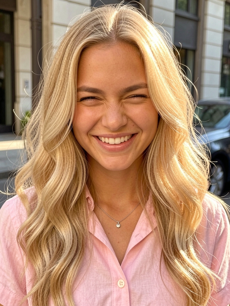 Mulher de cabelo cacheado loiro e camisa rosa claro pisca o olho com sorriso genuíno, luz natural, fundo desfocado de fachada e carro.