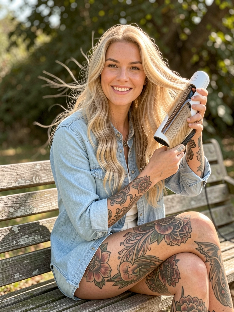 Mulher com cabelo longo ondulado usando modelador térmico nas pontas, camisa jeans clara, tatuagens nos braços, sorrindo em banco de madeira com luz natural.