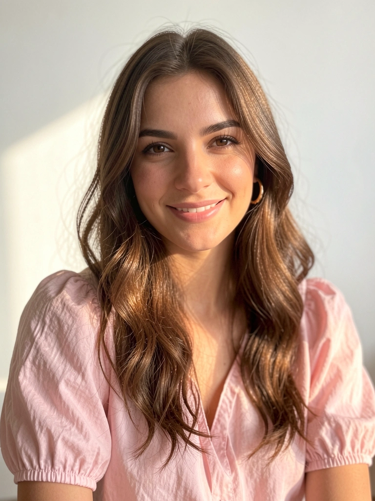 Mulher de cabelos ondulados e blusa rosa clara, sorrindo em luz natural difusa, brincos dourados.