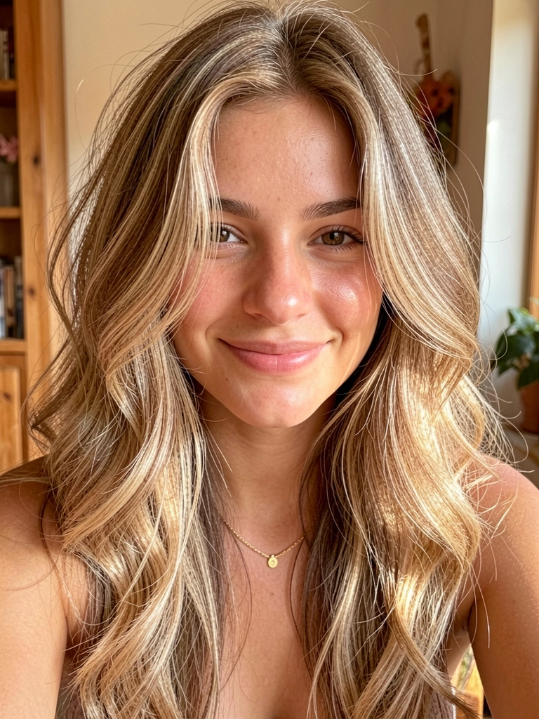 Jovem de cabelos longos e ondulados em tons de caramelo e bege, sorrindo com luz suave e fundo desfocado.