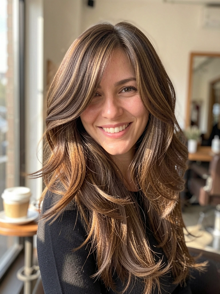 Mulher com cabelo castanho em corte butterfly longo, camadas volumosas e luz natural, sorriso genuíno.
