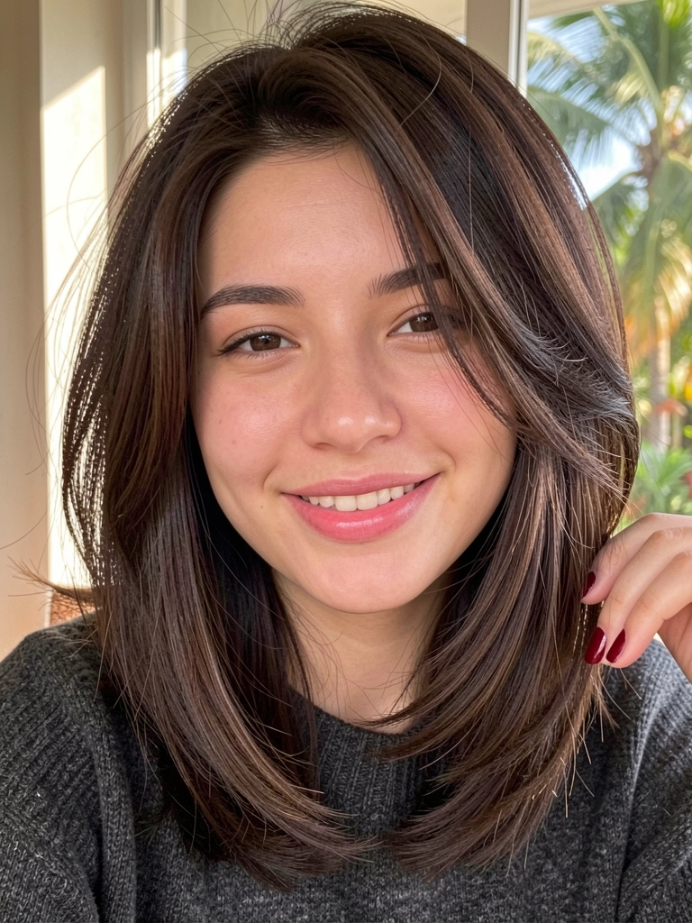 Jovem de cabelo castanho escuro volumoso em corte assimétrico, sorriso genuíno, suéter cinza escuro e unhas vermelhas, com luz natural difusa ao fundo.