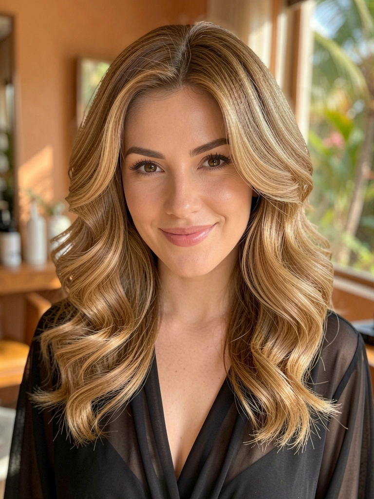 Mulher com cabelo butterfly longo em tons caramelos e mel, ondas definidas e top preto decotado, luz difusa e fundo desfocado quente.