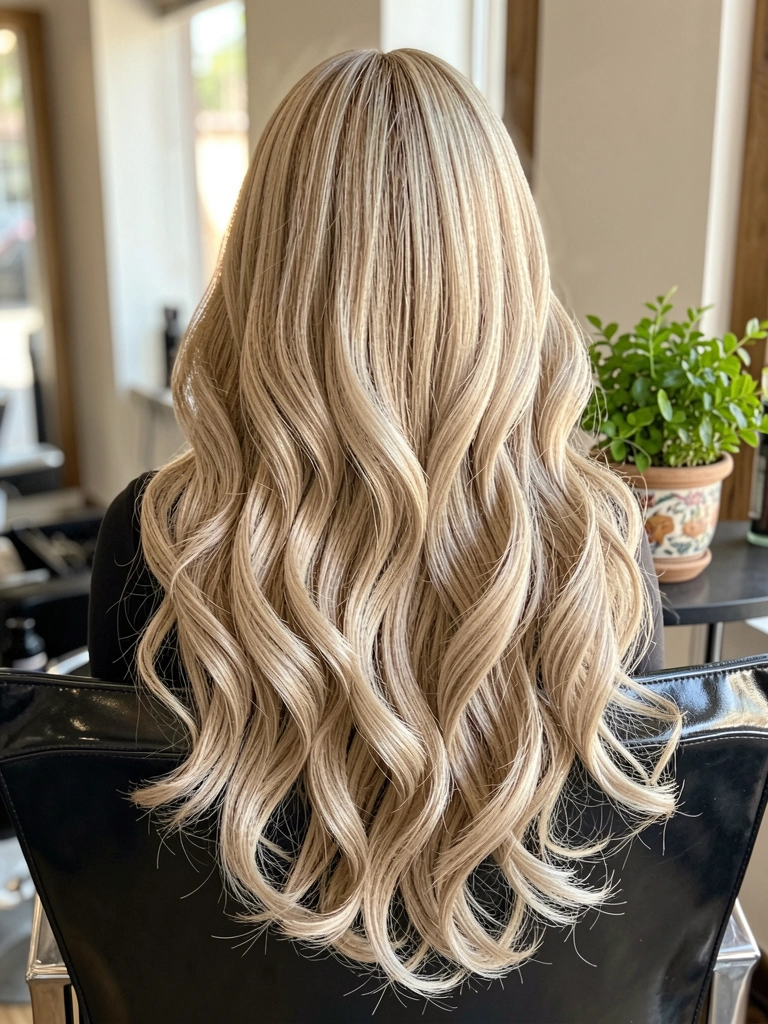 Mulher com cabelo butterfly longo e ondulado, planta verde em vaso ao fundo, luz natural realçando textura e volume.