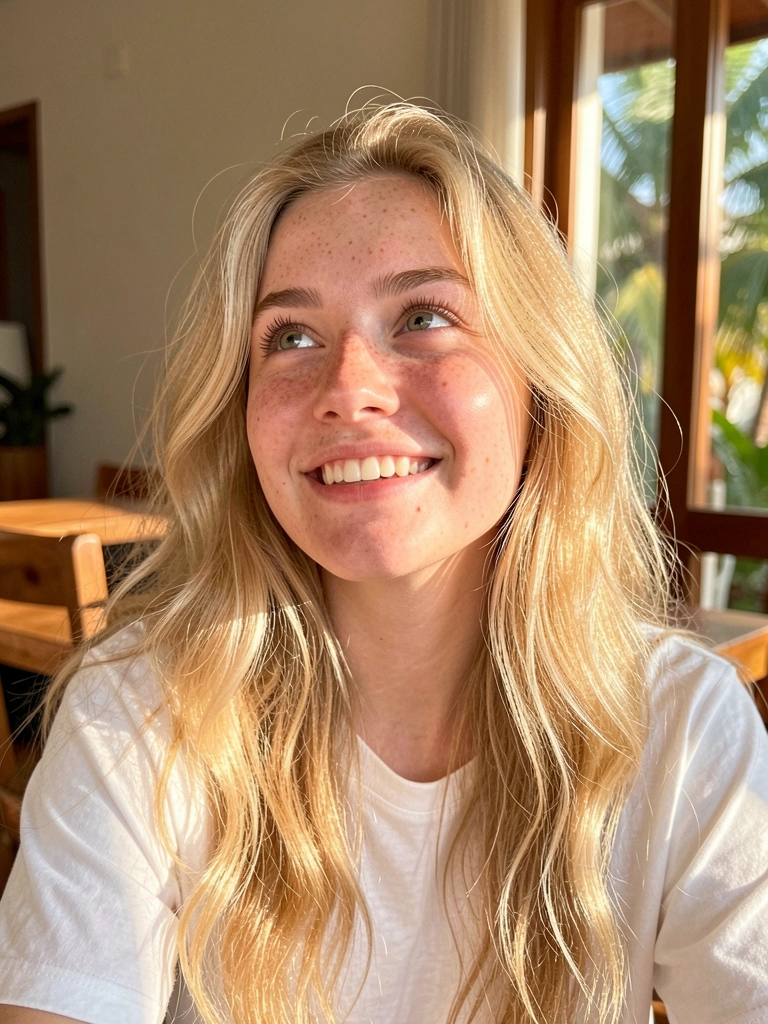 Mulher jovem de cabelo loiro ondulado cacheado com volume, sorriso genuíno, luz natural entrando por janela, fundo com móveis de madeira desfocados.
