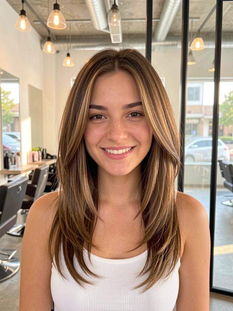 Mulher com cabelo castanho em corte borboleta médio, mechas sutis, sorriso natural, camiseta branca, salão moderno com luz natural e vidro.