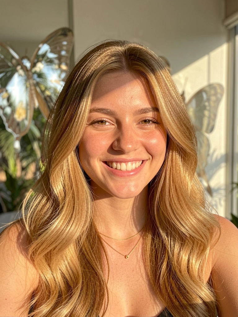 Jovem com cabelo honey-blonde ondulado e volumoso, sorrindo em ambiente com luz natural e reflexos sutis em forma de asas de borboleta.