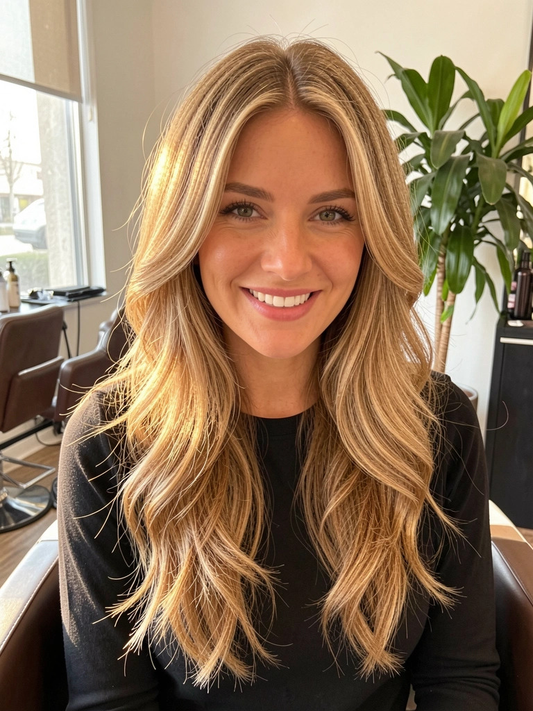 Mulher de cabelo honey-blonde ondulado e volumoso, sentada em cadeira de salão com luz natural difusa e vaso de planta ao fundo.