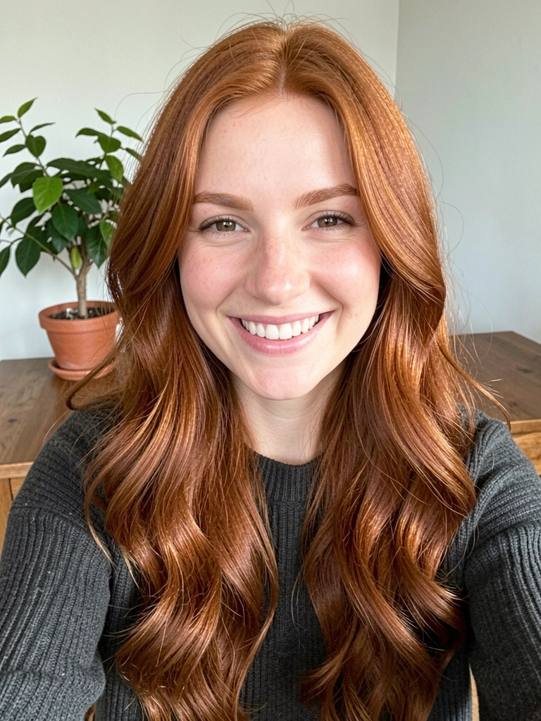 Mulher de cabelo ruivo ondulado, suéter cinza escuro e sorriso genuíno, com fundo desfocado de planta e mesa de madeira iluminados por luz natural suave.