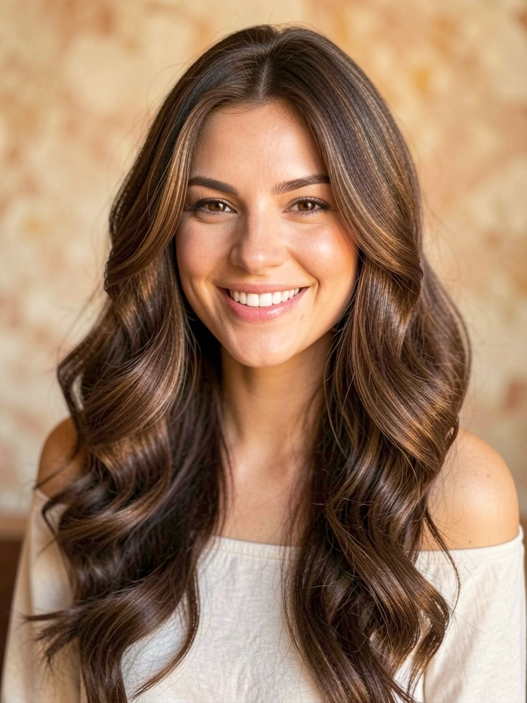 Mulher de cabelos castanhos ondulados e volumosos, sorrindo, com luz difusa e fundo texturizado desfocado.