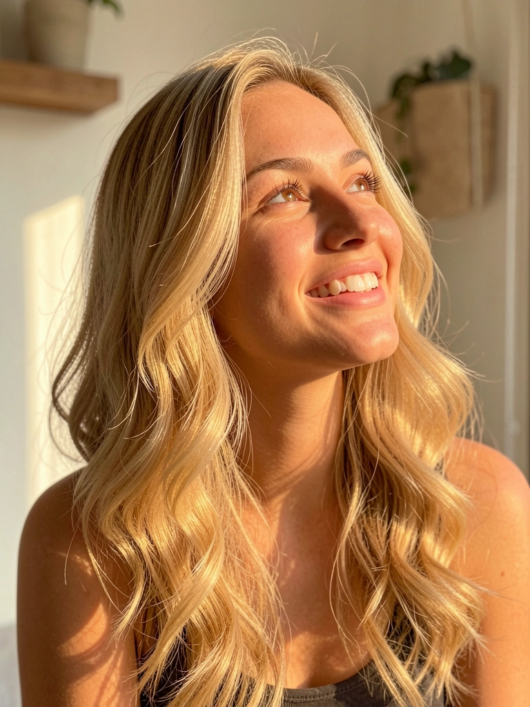 Mulher de cabelo cacheado médio olhando para cima com sorriso, luz natural destacando textura dos fios, parede branca e prateleira de madeira ao fundo.