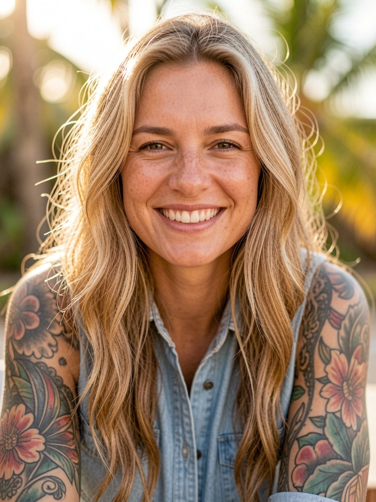 Mulher com cabelo longo e ondulado loiro, tatuagens detalhadas nos braços e ombros, camisa jeans azul clara, sorriso natural, luz suave e difusa.