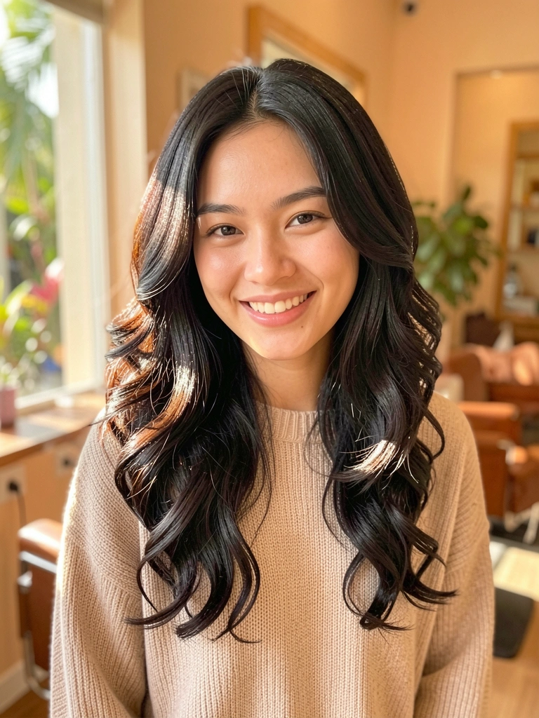 Jovem com cabelo castanho escuro em corte butterfly médio, ondas volumosas, suéter bege oversized, sorriso espontâneo, fundo de salão desfocado com luz natural.