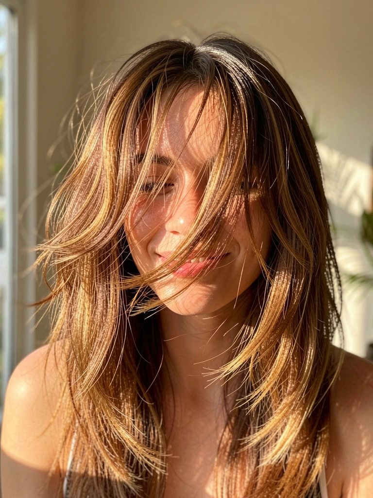 Jovem com cabelo castanho e caramelo em corte butterfly, soprando os fios para revelar textura e movimento, luz natural quente e sorriso genuíno.