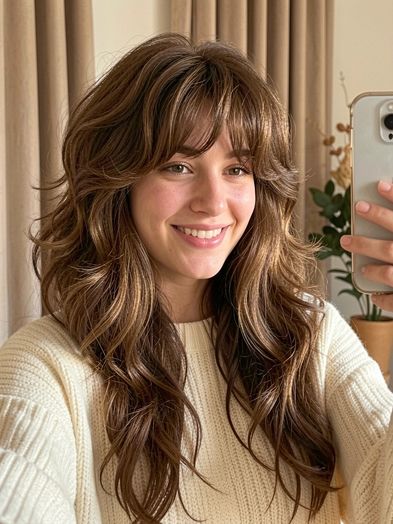 Mulher com cabelo cacheado volumoso e suéter creme, segurando celular para selfie em luz natural suave, fundo com cortina bege e planta.