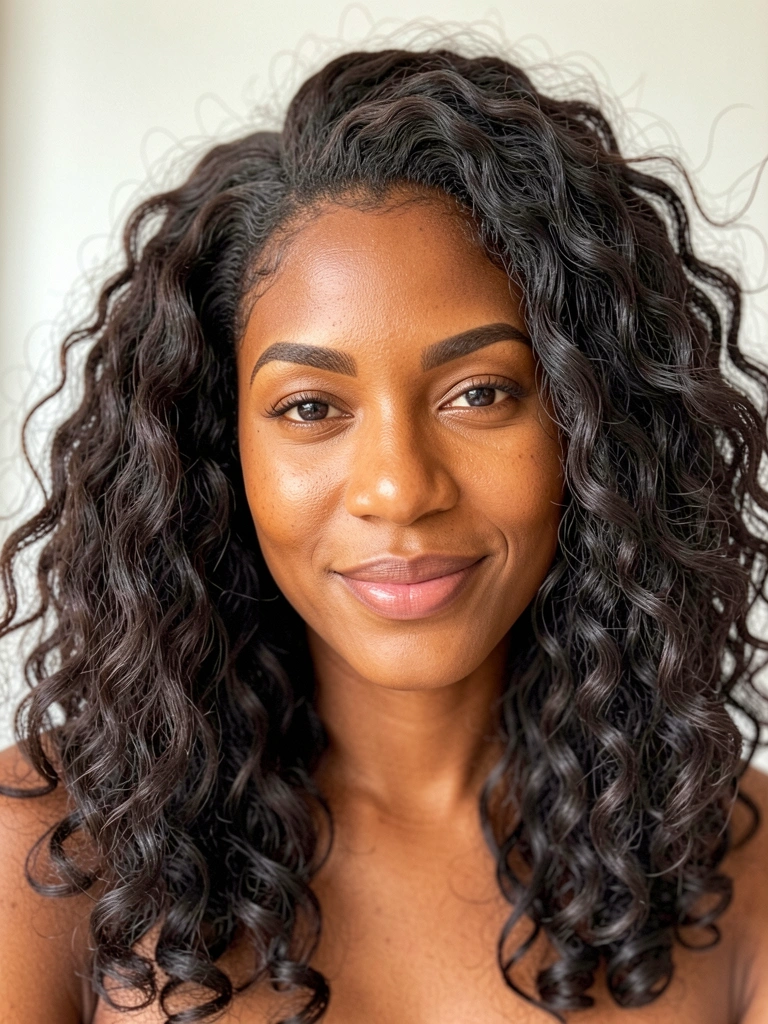 Retrato de mulher negra com cabelos cacheados escuros e volumosos em corte butterfly médio, pele morena, sorriso sutil, luz natural suave e fundo neutro desfocado.
