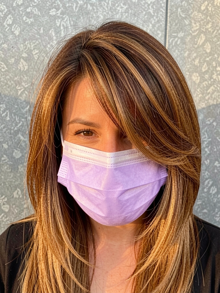 Close de mulher com cabelo castanho com mechas caramelo, corte butterfly médio, máscara lilás e sorriso, luz natural em fundo de parede metálica texturizada.