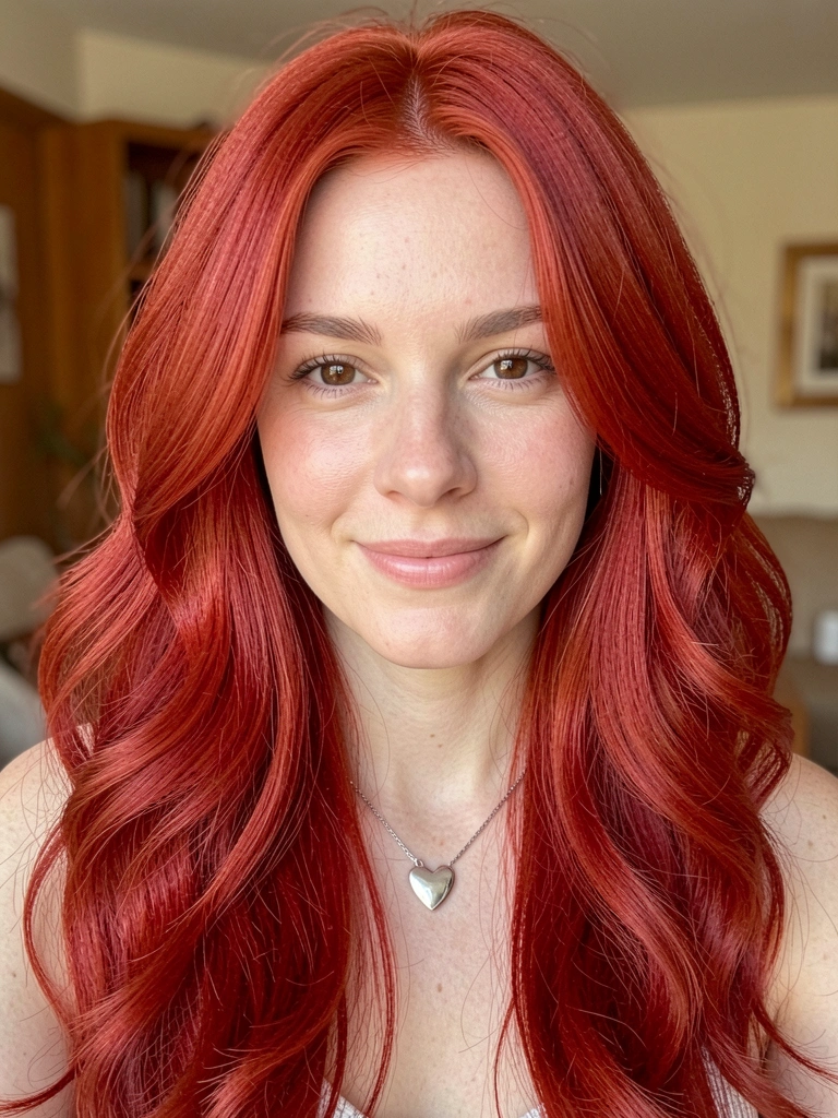 Retrato feminino com cabelo ruivo vibrante em corte butterfly, ondas suaves, pingente de coração prateado e luz natural difusa.