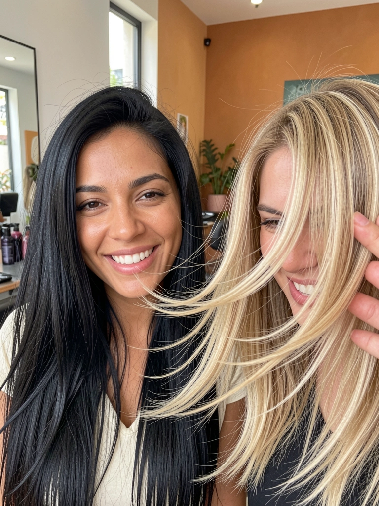 Duas mulheres com cabelos preto fluido e loiro em camadas em salão minimalista, luz natural difusa, sorrisos genuínos.