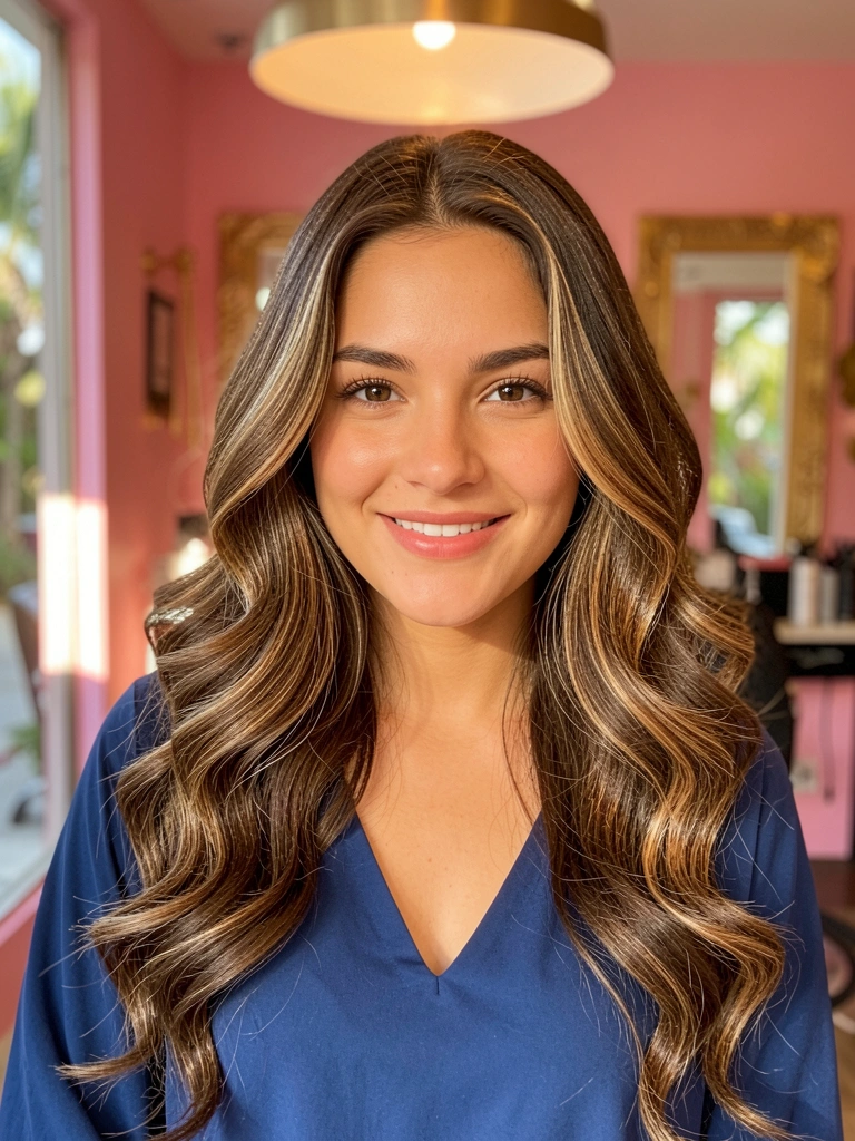Mulher com cabelos ondulados definidos por babyliss, luz difusa quente e fundo desfocado de salão com tons rosados.