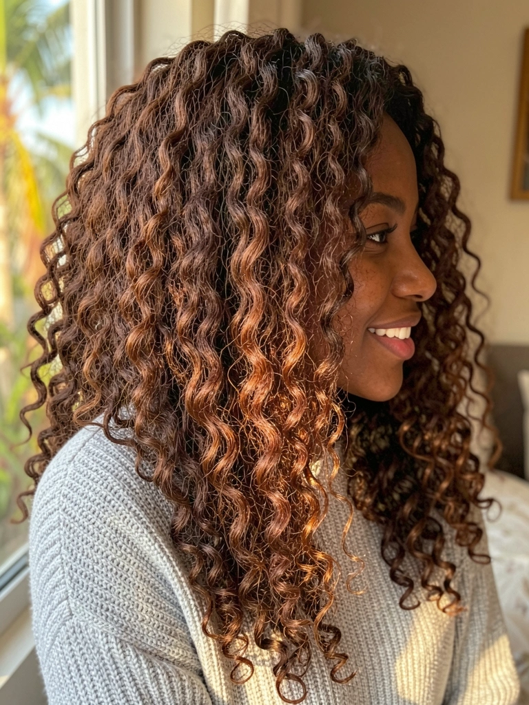 Jovem negra com cabelo cacheado volumoso em tons castanhos, usando suéter cinza texturizado, luz natural suave destacando os cachos.