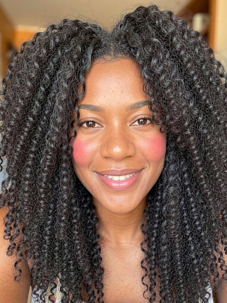 Mulher negra com cabelo crespo volumoso ao ombro, sorriso genuíno, maçãs do rosto rosadas, luz difusa e fundo desfocado em tons quentes.