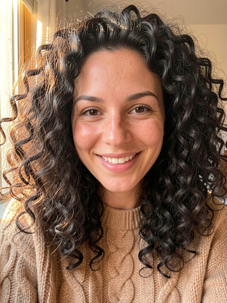 Close-up de mulher com cabelos cacheados volumosos em ondas suaves, sorriso genuíno e pele com brilho natural, usando suéter de tricô bege, luz difusa destacando textura dos cachos.