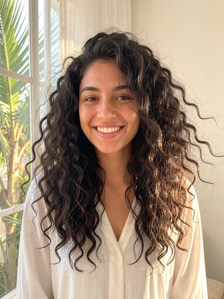 Jovem de cabelos cacheados escuros e volumosos, blusa branca fluida, luz natural suave e sorriso genuíno.
