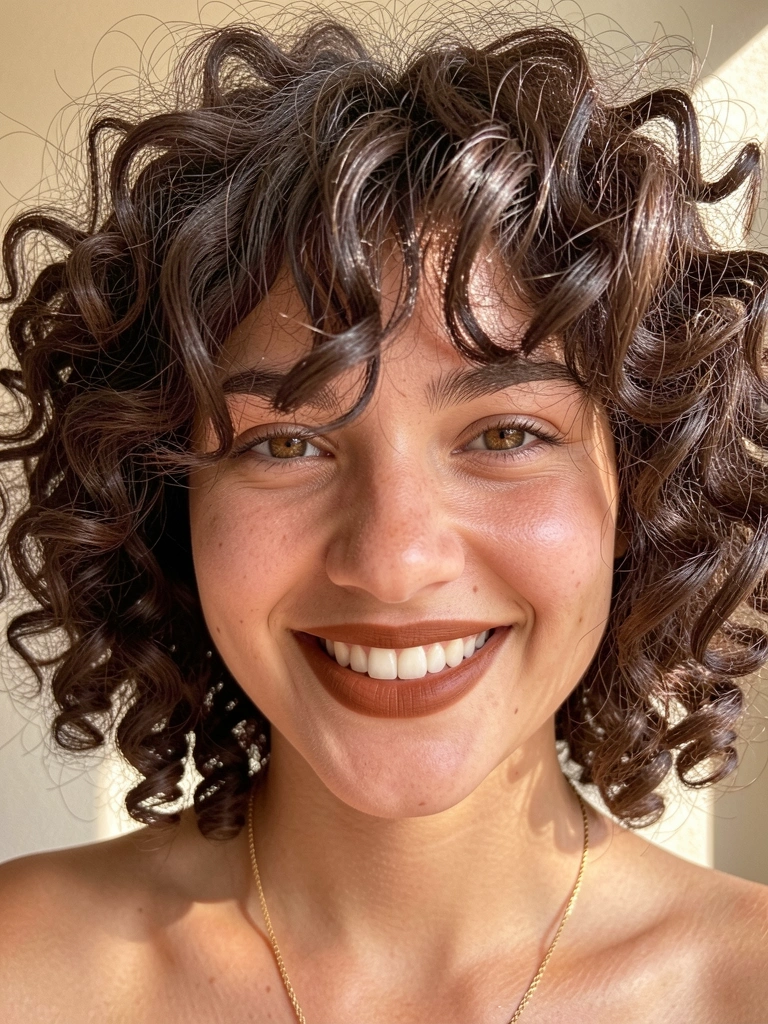 Jovem com cabelos cacheados castanhos e franja dramática, pele texturizada, olhos castanhos e sorriso genuíno, colar de ouro, fundo bege desfocado.