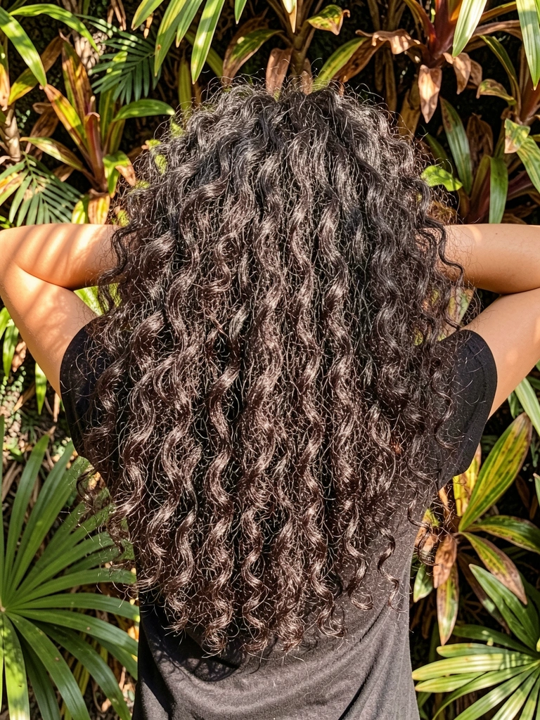 Mulher com cabelos crespos e volumosos, mãos atrás da cabeça, camiseta preta, parede verde com folhagens e luz natural.