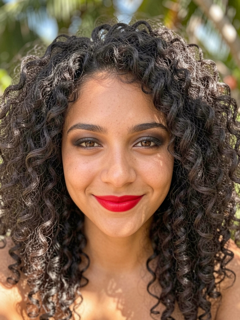 Jovem com cabelos crespos volumosos e batom vermelho, sorrindo sob luz natural difusa ao ar livre.
