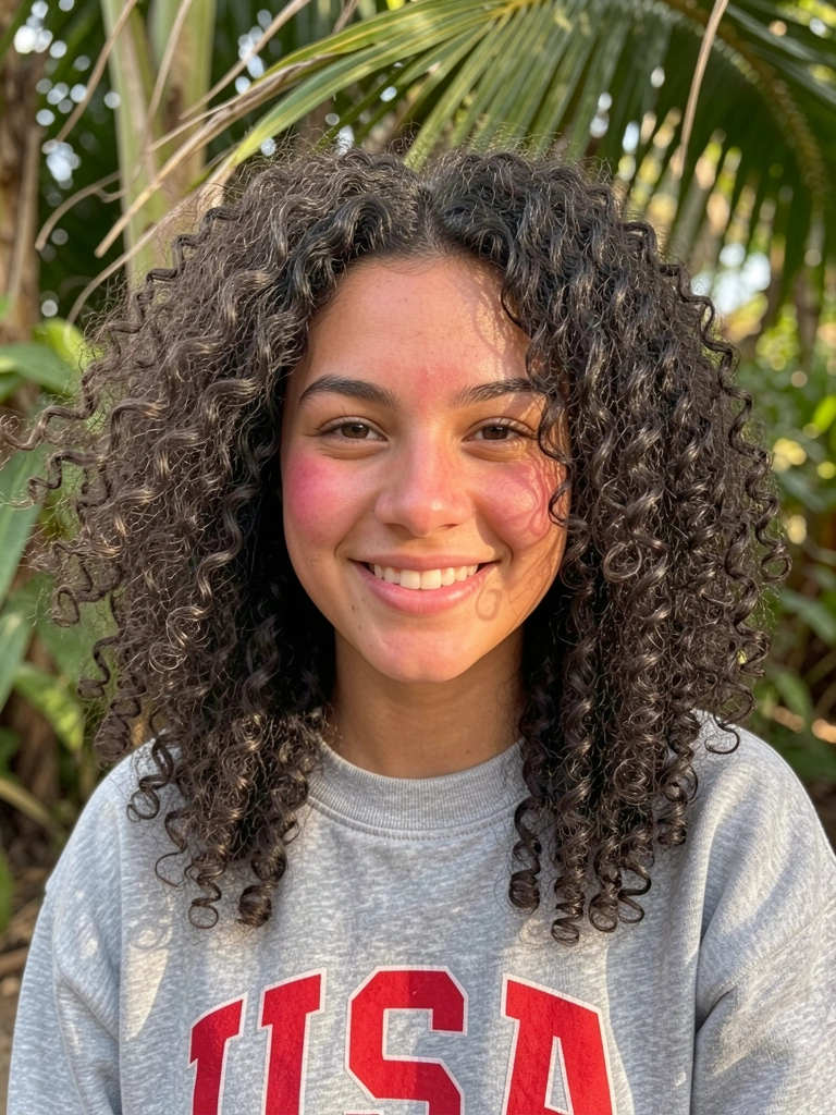 Jovem com cabelo cacheado volumoso, moletom cinza com logo vermelho 