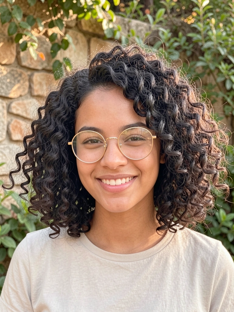 Moça com cabelos crespos volumosos em corte bob texturizado, óculos de aro dourado e sorriso genuíno, sob luz natural suave em fundo de pedra e vegetação.