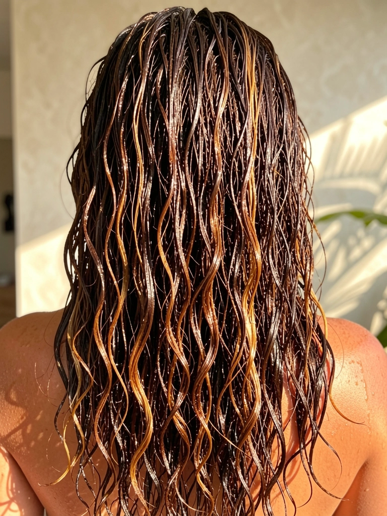 Cachos volumosos castanho-escuros e caramelo com mechas molhadas brilhando sob luz natural, fundo texturizado desfocado.