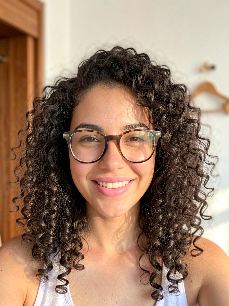 Jovem de cabelos cacheados volumosos, óculos estilosos e sorriso genuíno, luz natural difusa, armário de madeira ao fundo e cabide decorativo.