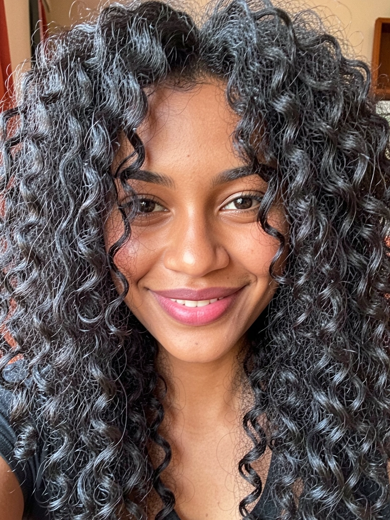 Jovem de pele morena com cabelos crespos e volumosos, sorriso espontâneo, iluminação suave destacando a textura dos cachos.