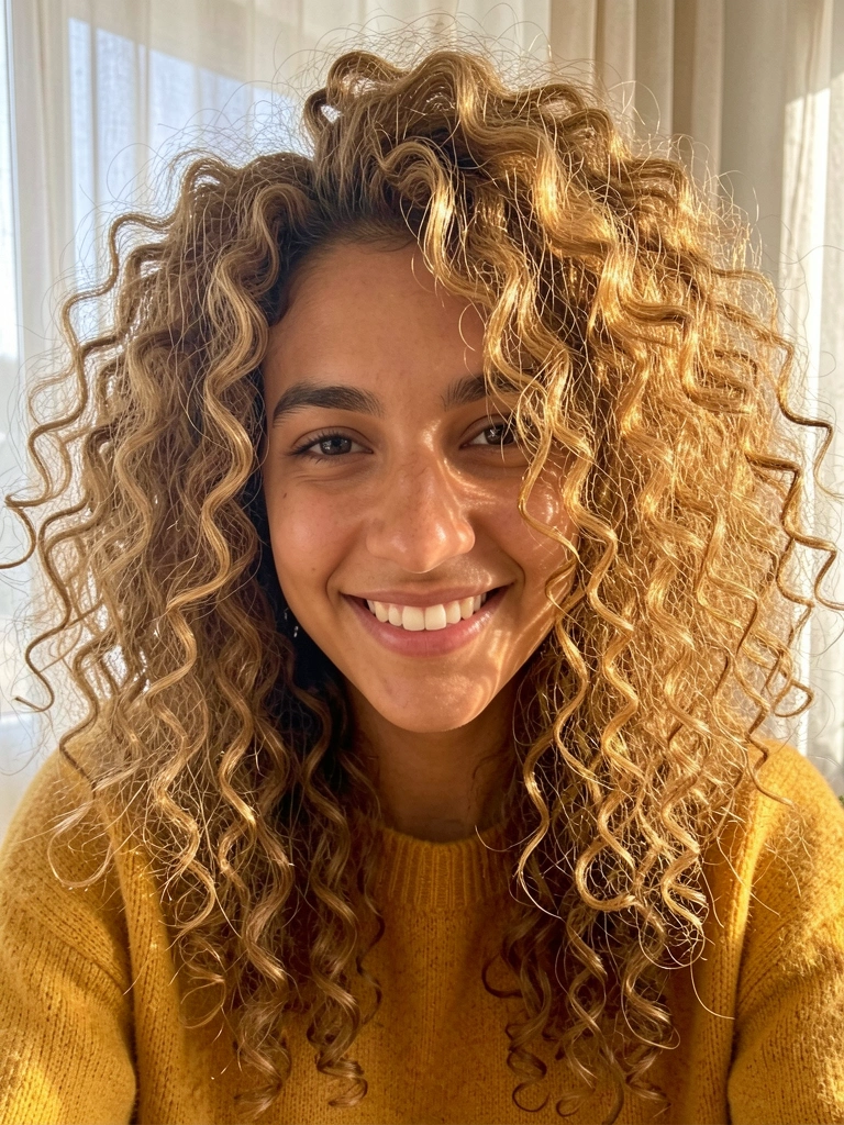 Jovem com cabelos cacheados volumosos e castanho-dourados, sorrindo, usando suéter amarelo-mostarda, luz natural difusa.