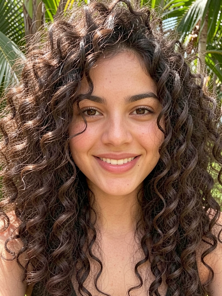 Jovem com cabelos crespos volumosos, luz suave filtrada por folhagens, sorriso natural.