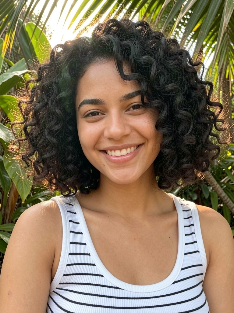 Jovem com cabelo cacheado volumoso em bob moderno, sorrindo com luz natural suave e folhas ao fundo.