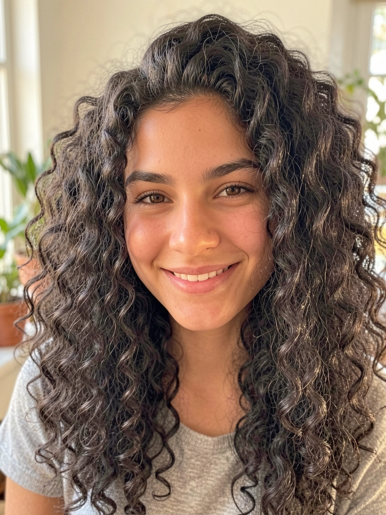 Jovem com cabelos crespos volumosos, sorriso genuíno e pele com brilho natural, luz suave de janela com plantas ao fundo.