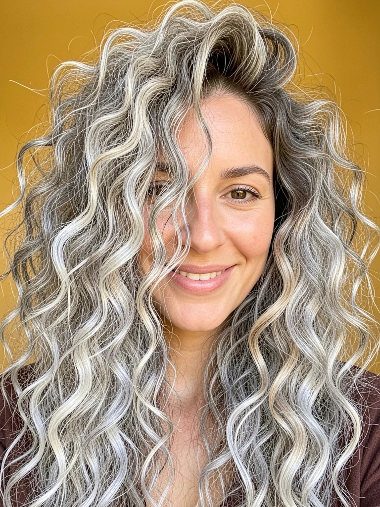 Close-up de mulher com cabelos cacheados volumosos, ondas texturizadas, ombré de loiro claro a prateado, sorriso genuíno e fundo amarelo dourado.