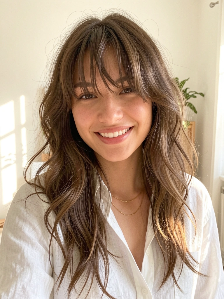 Mulher com cabelo ondulado e franja desfiada, camisa de linho branca e colar dourado, luz natural difusa em sala clara.