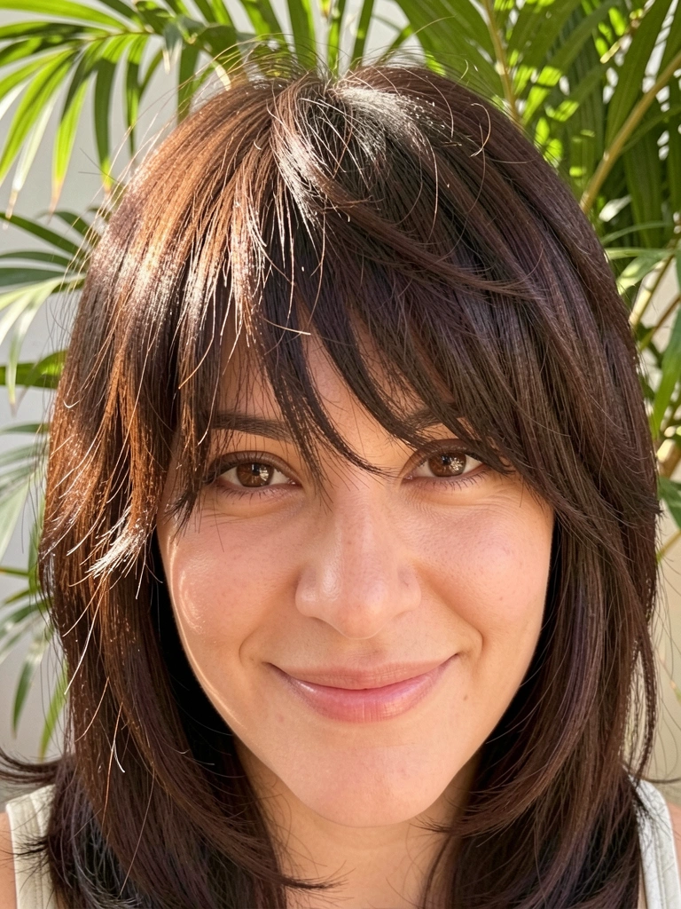 Close de mulher com franja texturizada e camadas, cabelo castanho escuro, sorriso natural, luz difusa e fundo desfocado com folhagens.