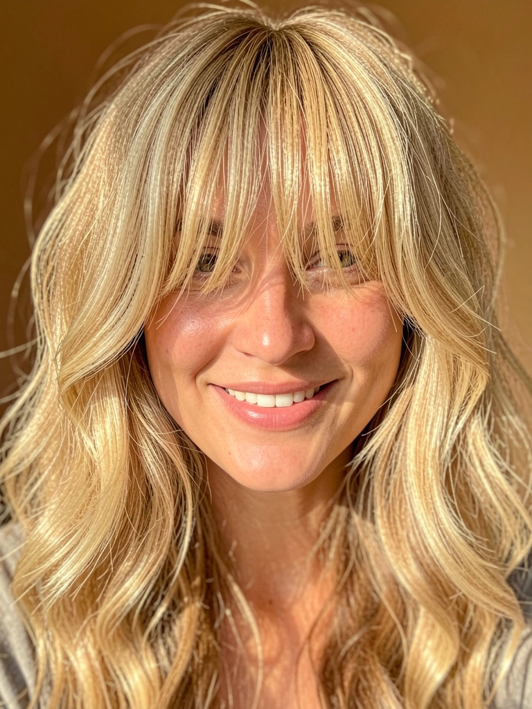 Close-up de mulher com cabelo loiro ondulado e franja cortina, luz natural difusa, sorriso caloroso e fundo desfocado em tons dourados.