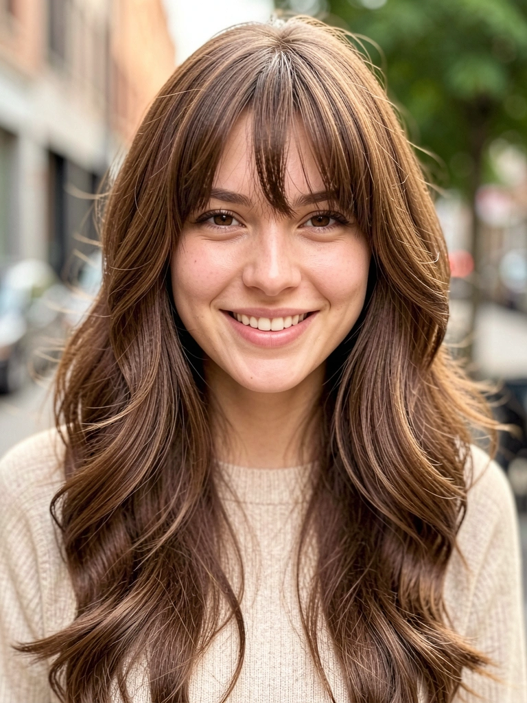 Jovem com cabelo castanho ondulado e franja cortina, sorrindo em luz natural, fundo urbano desfocado com verde.