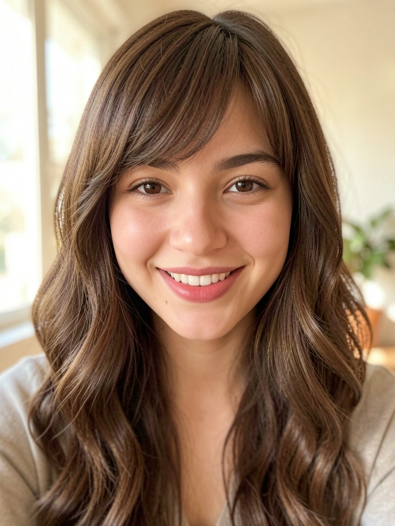 Jovem com cabelo castanho ondulado e franja curta, sorriso natural e maquiagem sutil, luz natural difusa destacando textura dos fios.
